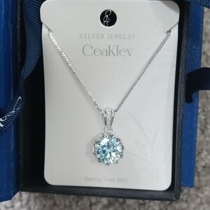 CEAKLEV S925 Sterling Silver 6 Carat Light Blue CZ Pendant Necklace